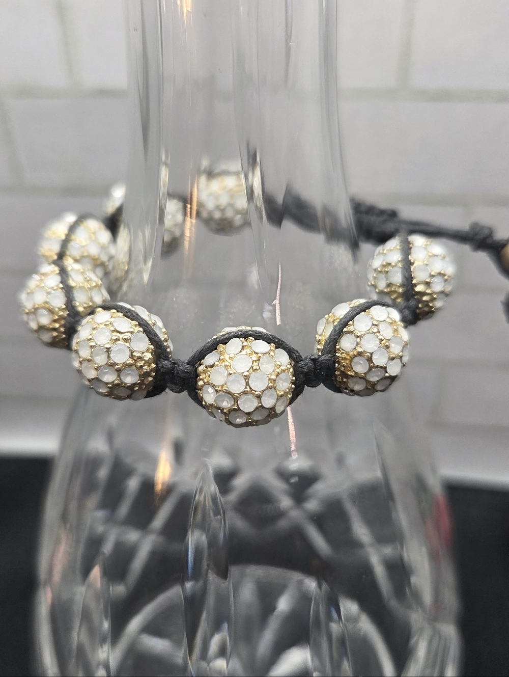 1333. Gold Tone and White Pave Beaded Adjustable Bracelet
